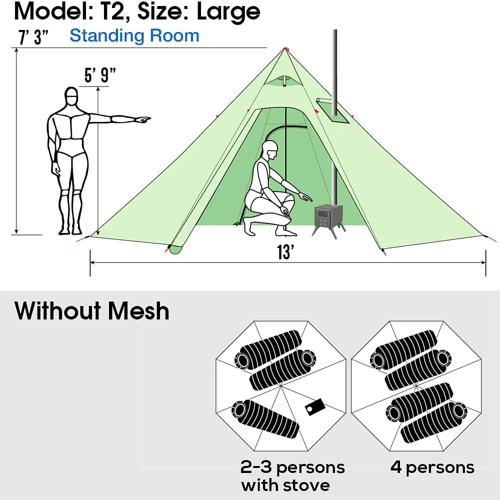 4 Persons 5Lb Lightweight Tipi Hot Tents with Stove Jack, 7'3" Standing Room, Teepee Tent for Hunting Family Team Backpacking Camping Hiking