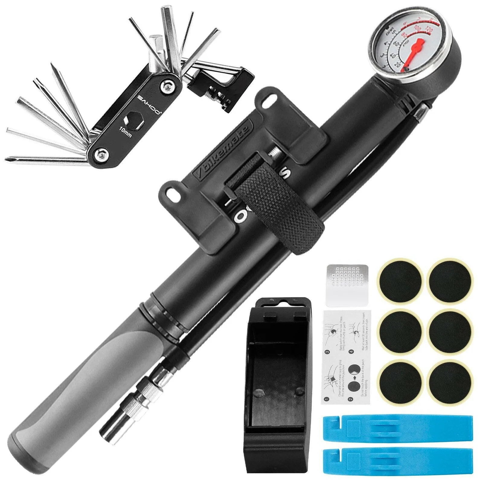 Mini Bike Pump with Tire Repair Kit Portable Mountain Bike Repair Tools Kit Bicycle Repair for Multipurpose Emergency Tire Repair Set 14 in 1 Bicycle Repair Multifunctional Tool Set Bike Maintenance Tool  High Air Pressure Tool