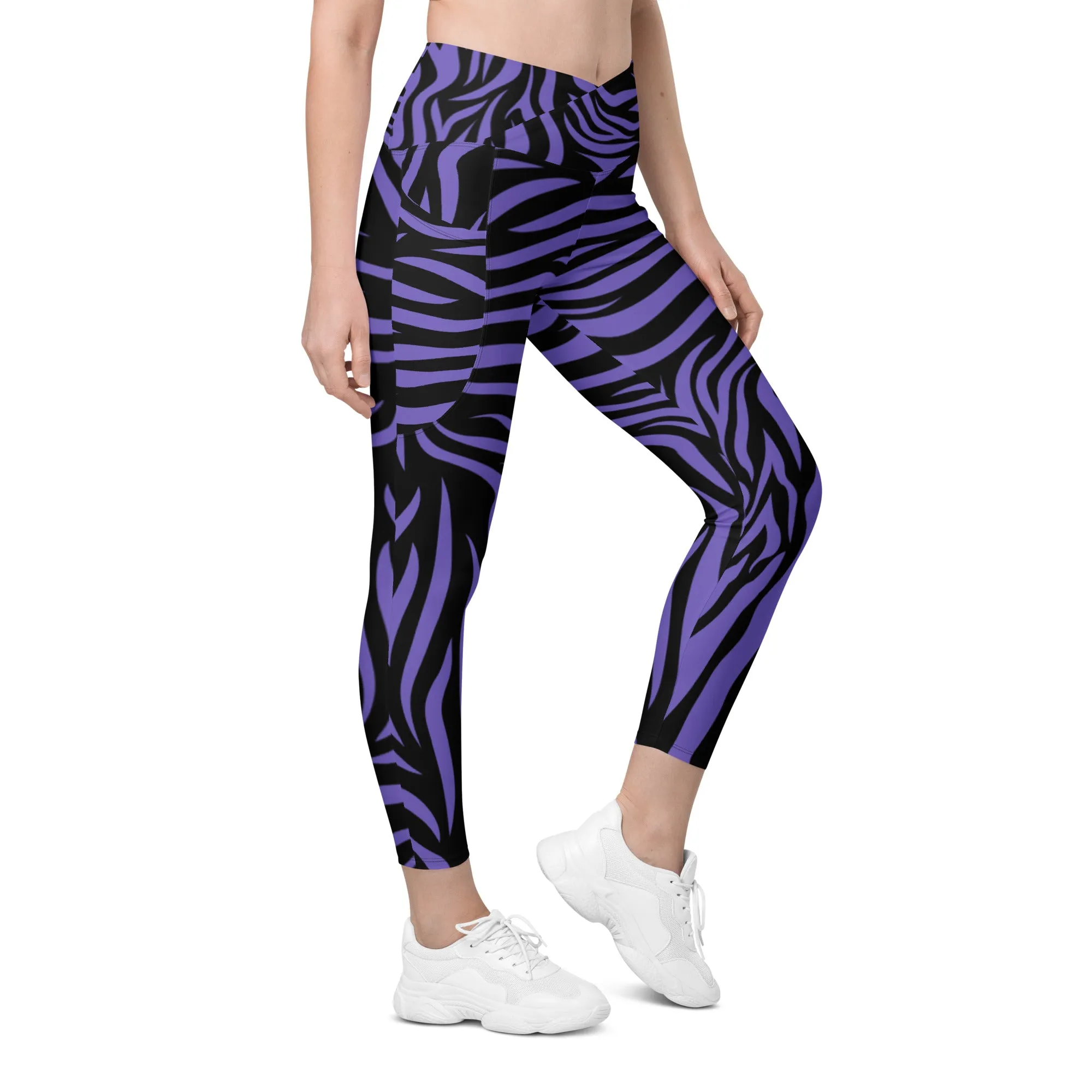 Purple Zebra Crossover Leggings with Pockets, lioness-love