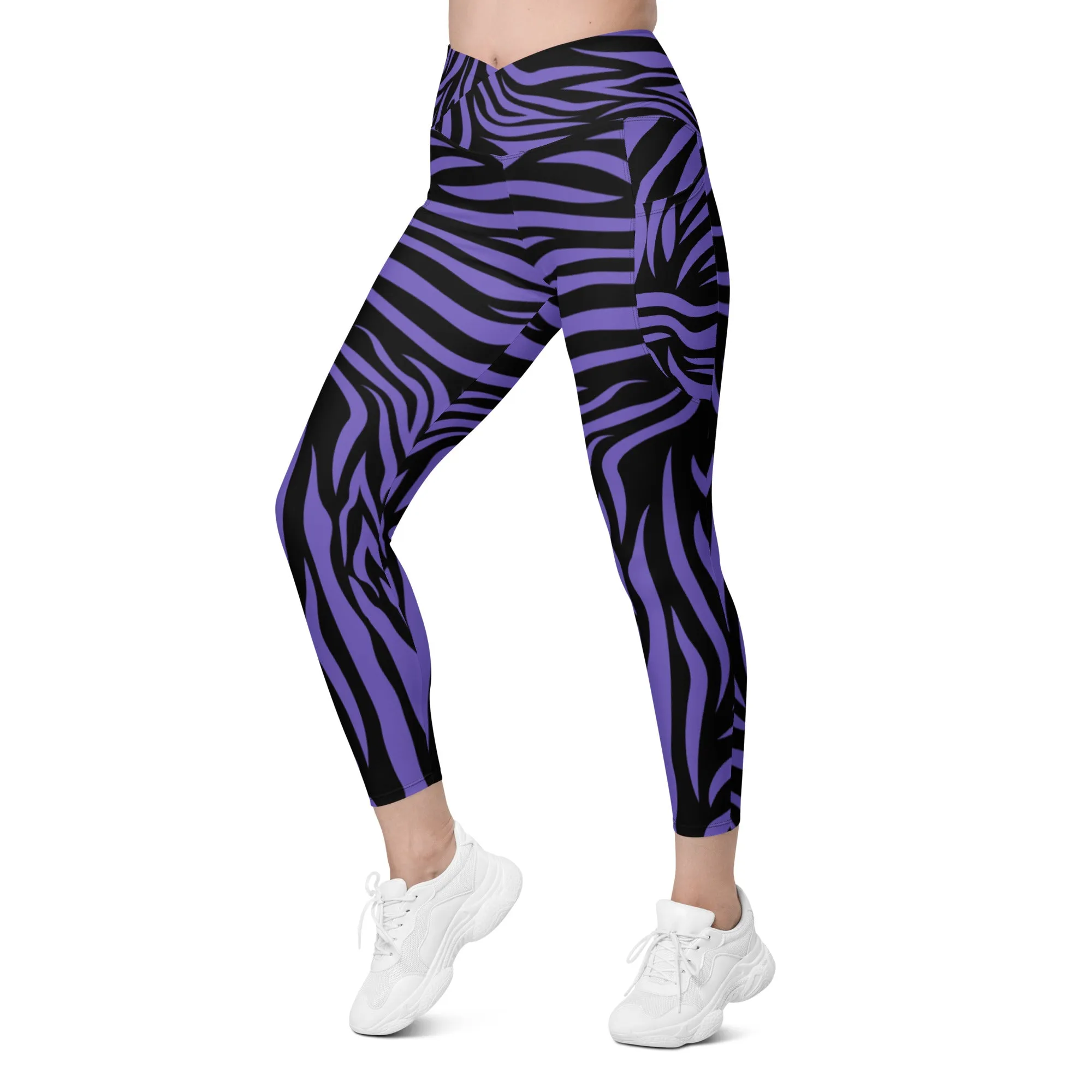 Purple Zebra Crossover Leggings with Pockets, lioness-love