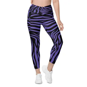 Purple Zebra Crossover Leggings with Pockets, lioness-love
