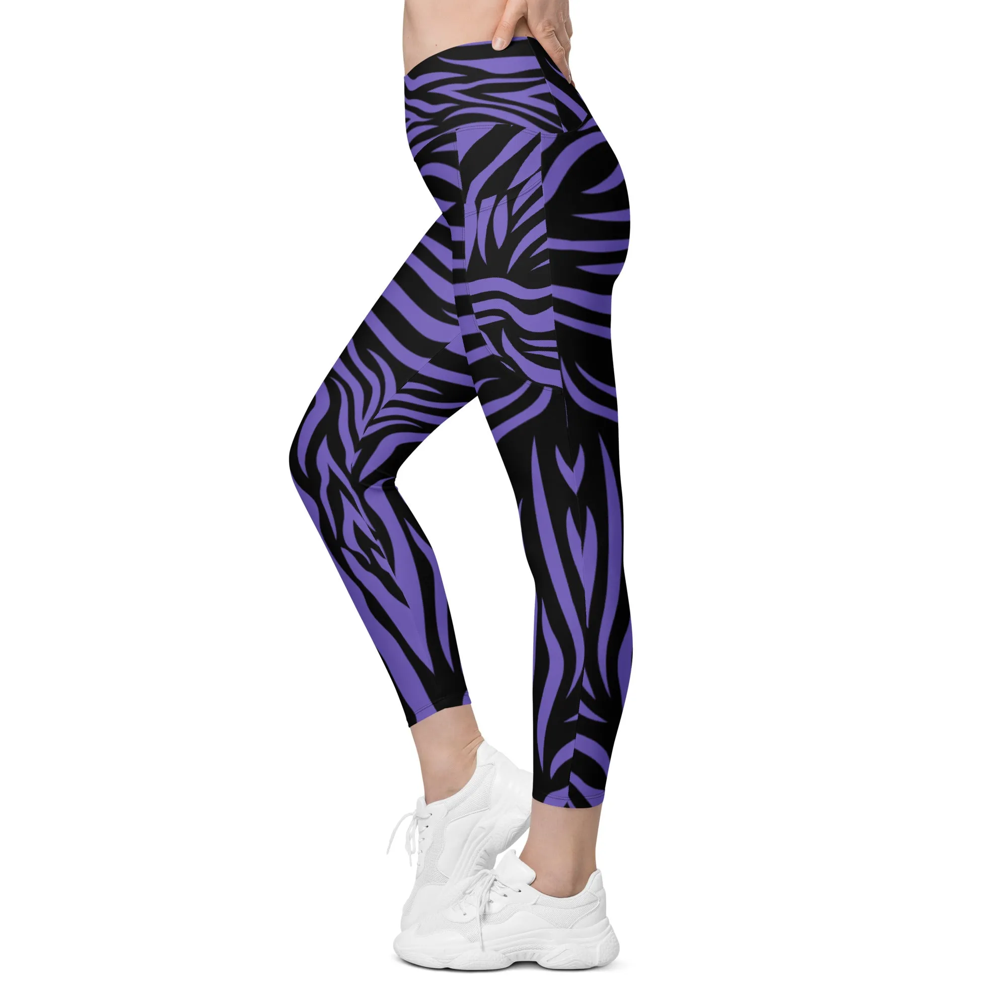 Purple Zebra Crossover Leggings with Pockets, lioness-love