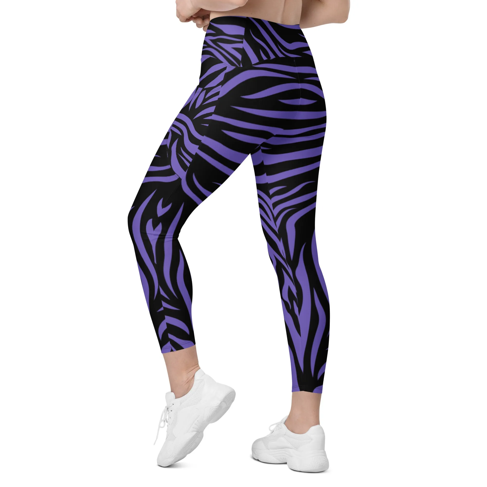 Purple Zebra Crossover Leggings with Pockets, lioness-love