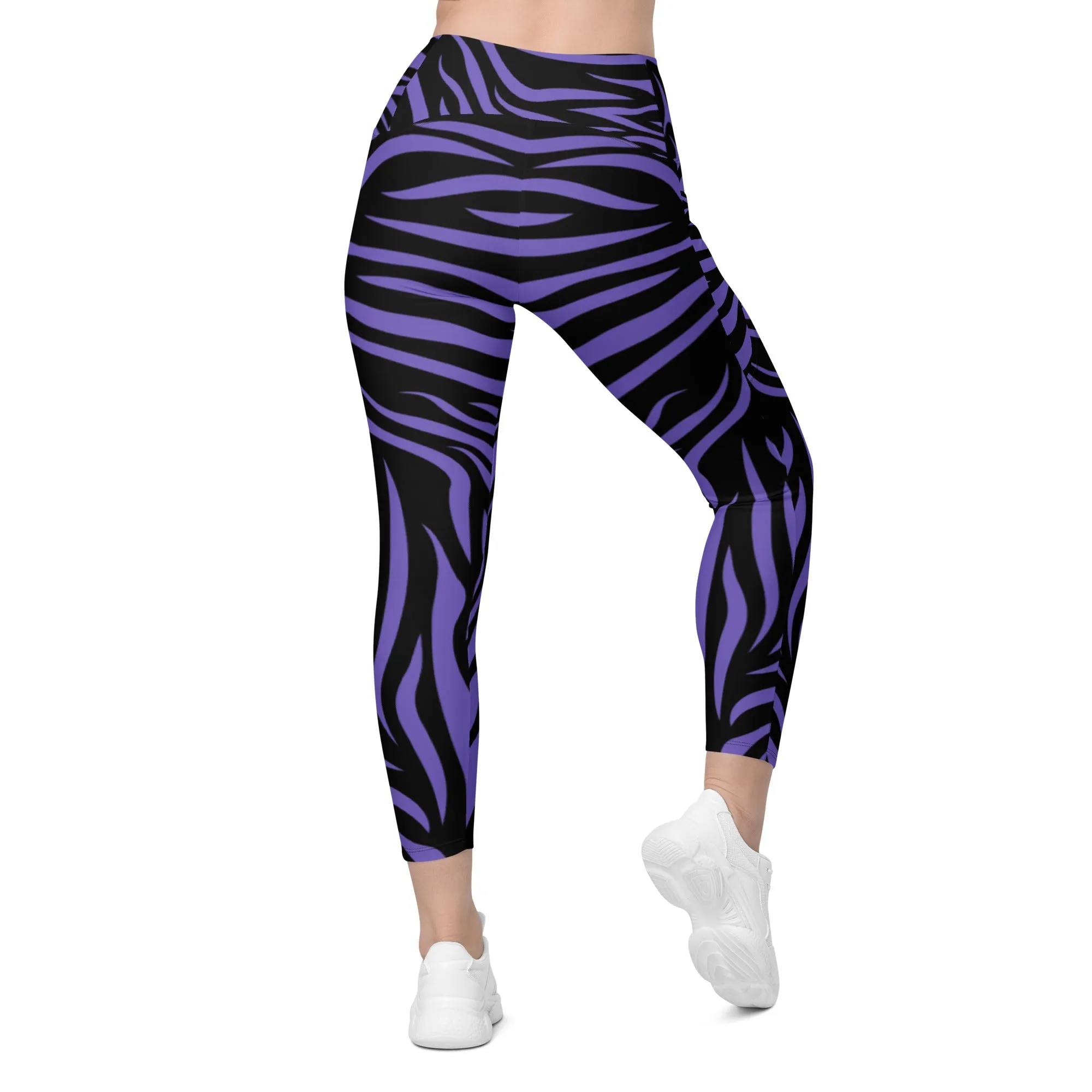 Purple Zebra Crossover Leggings with Pockets, lioness-love