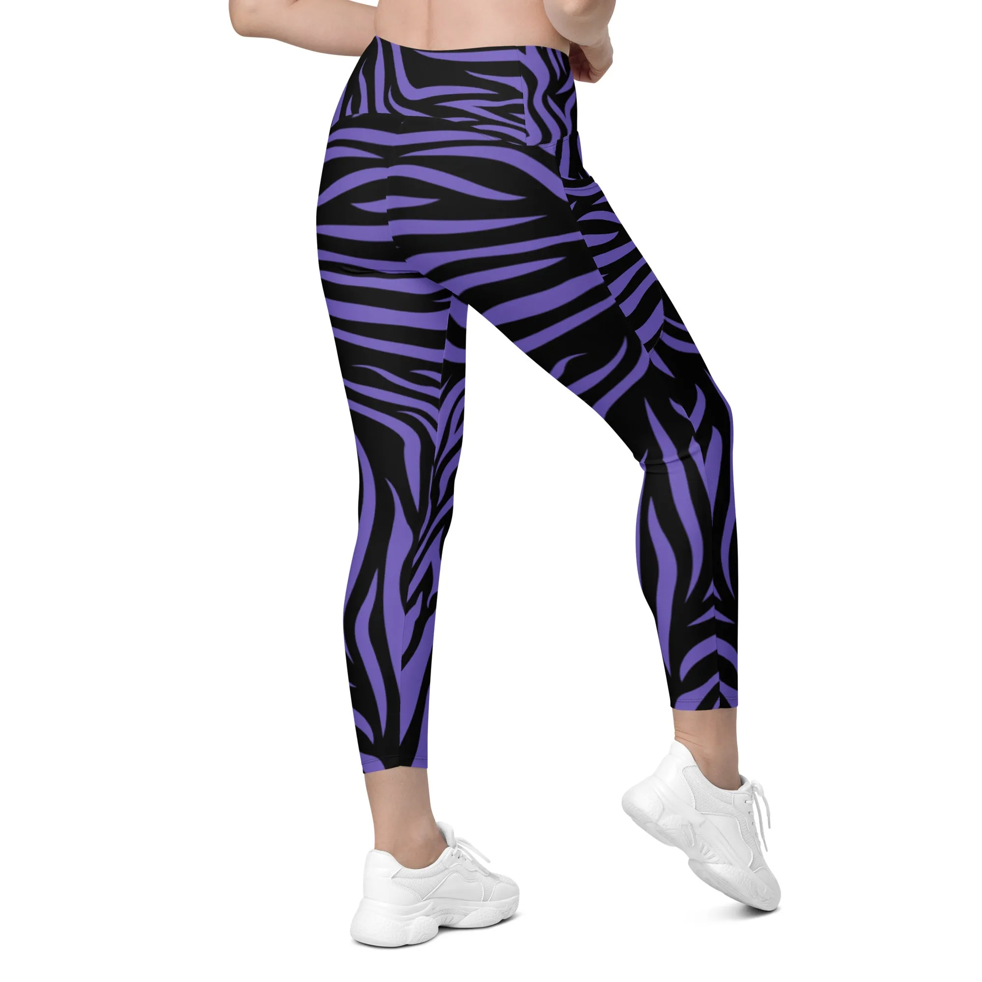 Purple Zebra Crossover Leggings with Pockets, lioness-love