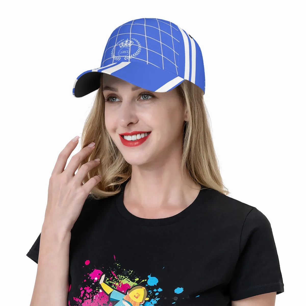 Royalty DON'T D4XV  White Logo, Stripes & Royal Blue Curved Brim Baseball Cap (AOP)
