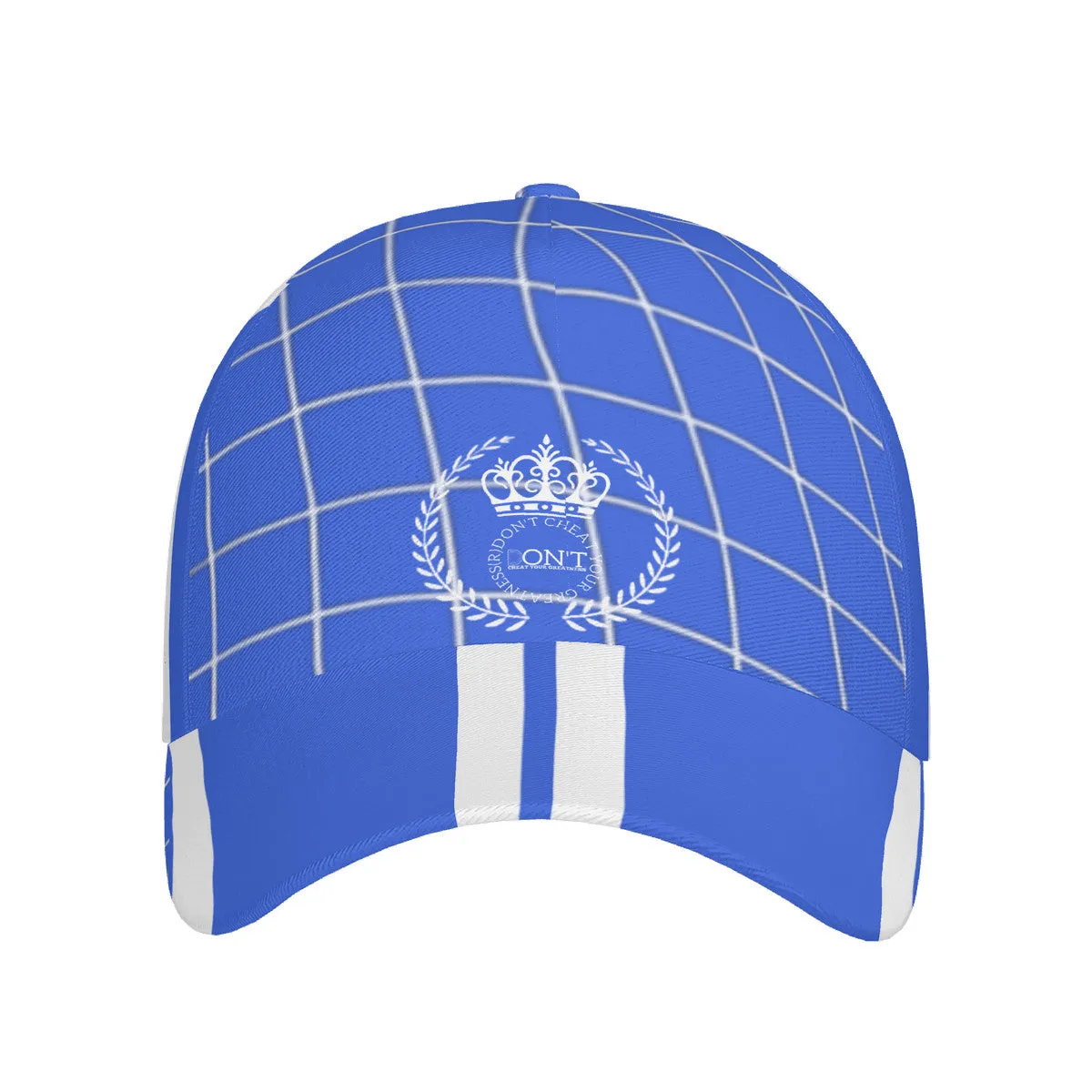Royalty DON'T D4XV  White Logo, Stripes & Royal Blue Curved Brim Baseball Cap (AOP)