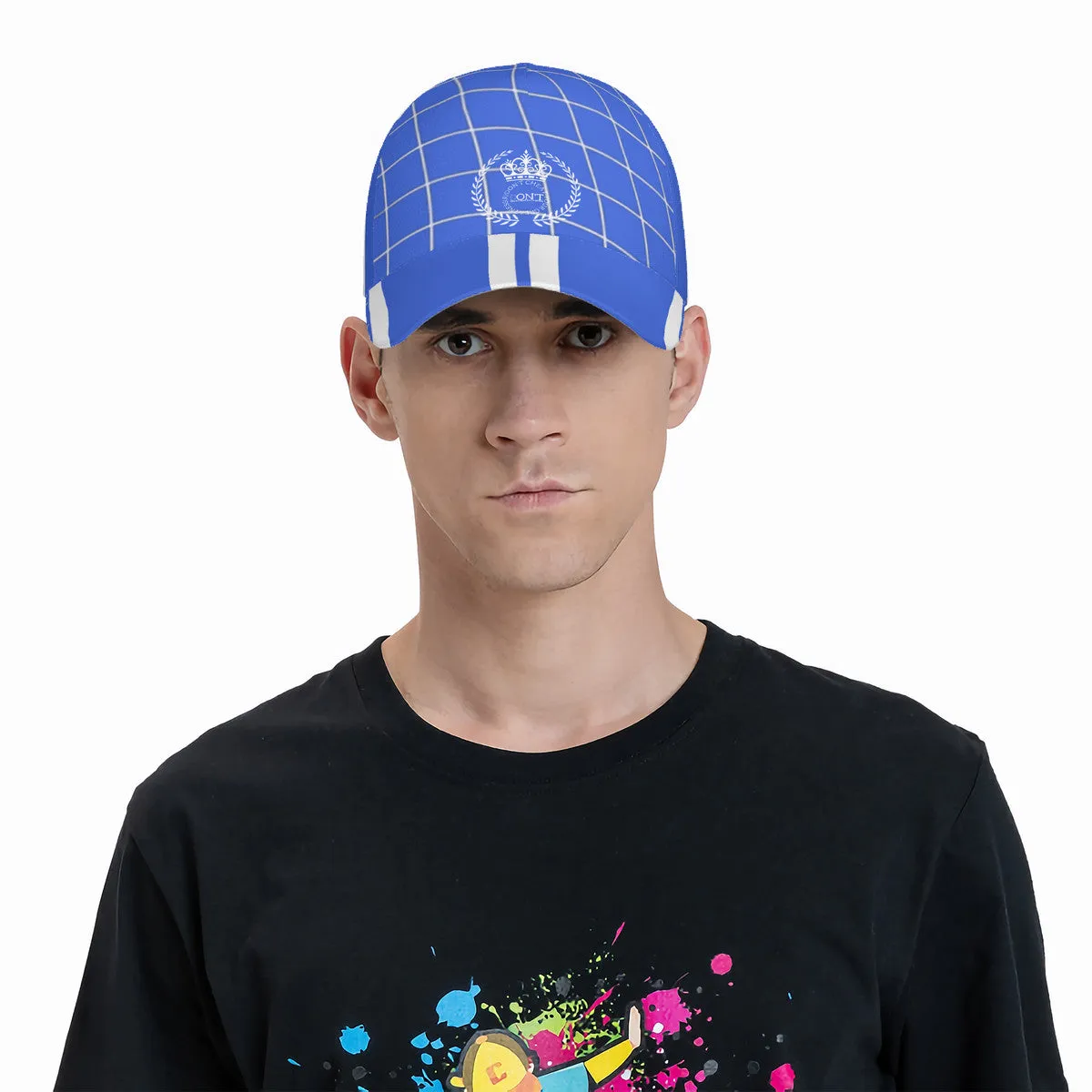 Royalty DON'T D4XV  White Logo, Stripes & Royal Blue Curved Brim Baseball Cap (AOP)