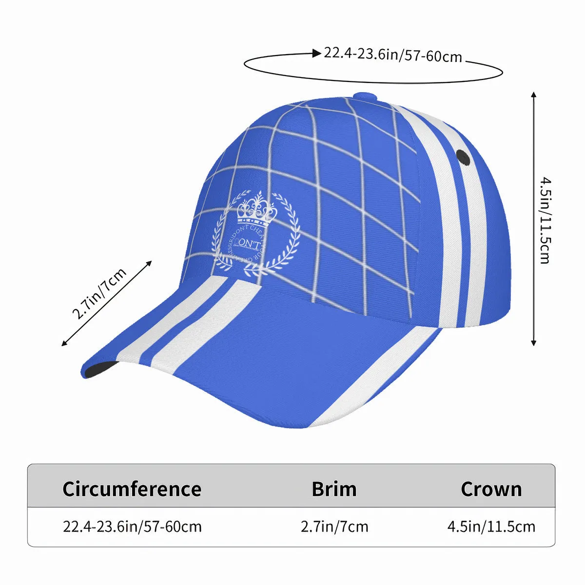 Royalty DON'T D4XV  White Logo, Stripes & Royal Blue Curved Brim Baseball Cap (AOP)