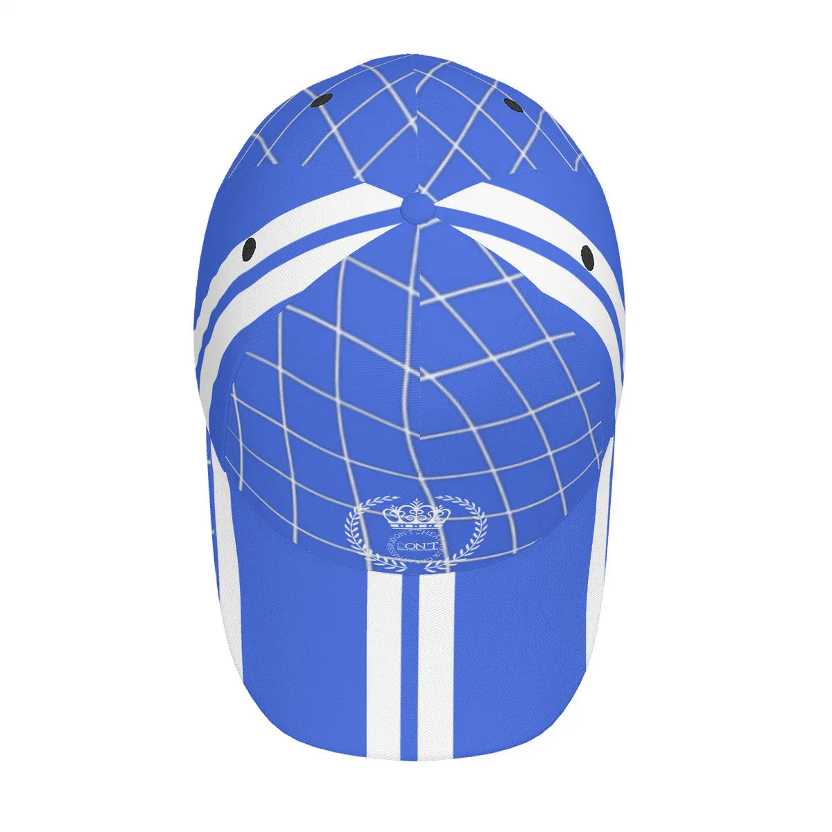 Royalty DON'T D4XV  White Logo, Stripes & Royal Blue Curved Brim Baseball Cap (AOP)