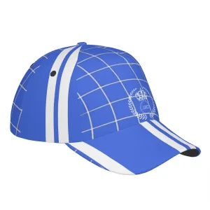 Royalty DON'T D4XV  White Logo, Stripes & Royal Blue Curved Brim Baseball Cap (AOP)